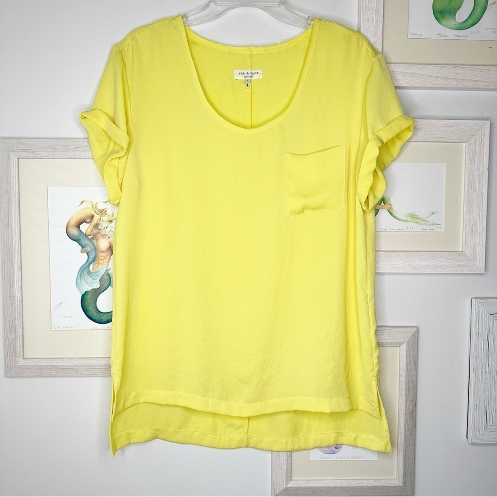 Rag & Bone Yellow Satin Short Rolled Sleeve Scoop Neck Top Women’s Large